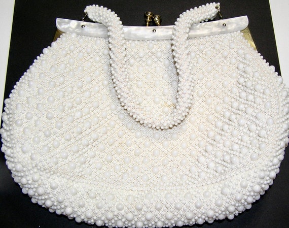 Vintage 1950s Ivory/White Corde Beaded Handbag wi… - image 2