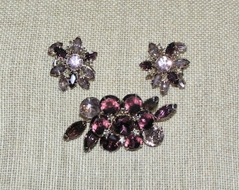 Vintage Brooch and Clip Earrings – Purple Lavender Navettes