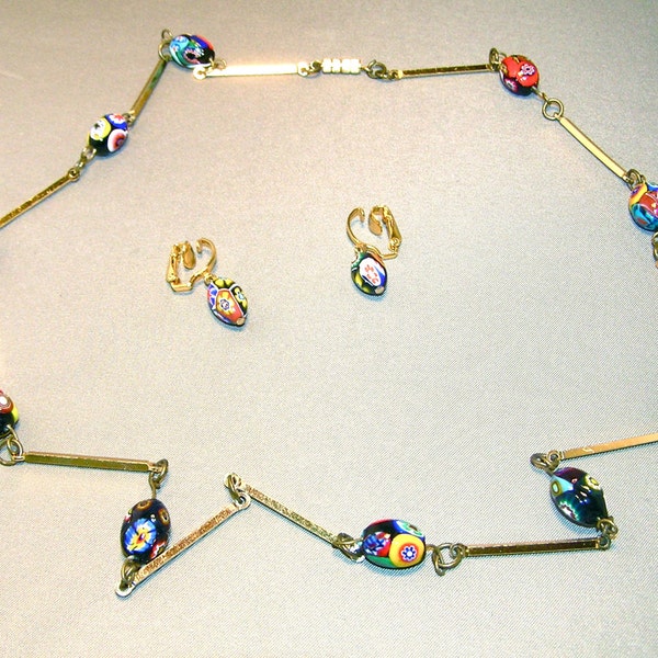 Sale 20% Off!   Vintage Venetian Millefiori Bead Necklace with Long Spacers - Also Earrings