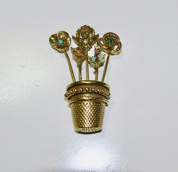 Vintage Thimble-Like Flower Basket Brooch/Pin wit… - image 1