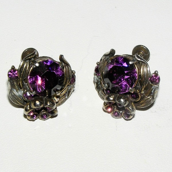 HOLLYCRAFT, Copr 1954, Gorgeous Floral Purple RS Earrings/Screwbacks