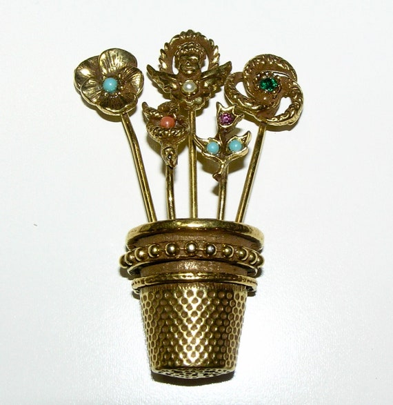 Vintage Thimble-Like Flower Basket Brooch/Pin wit… - image 2