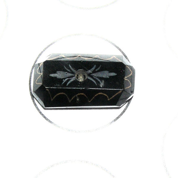 Länglicher alter schwarzer Glasknopf (Pfeife) mit weißer und goldener Ätzung