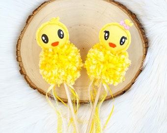 Felt Chick Pom-Pom Wand - Fairy Wand - Kid's Chick Wand - Easter Chick Wand - Dress Up Play Wand - Montessori Toy - Magic Wand - Kid's Toy