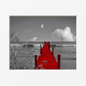 Black White Red Beach Pier Decor, Red Bathroom, Bedroom Ocean  Modern Artwork, Red Grey Home Decor Matted Picture