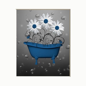 Blue Bathtub Floral Art: Matted Bathroom Wall Decor