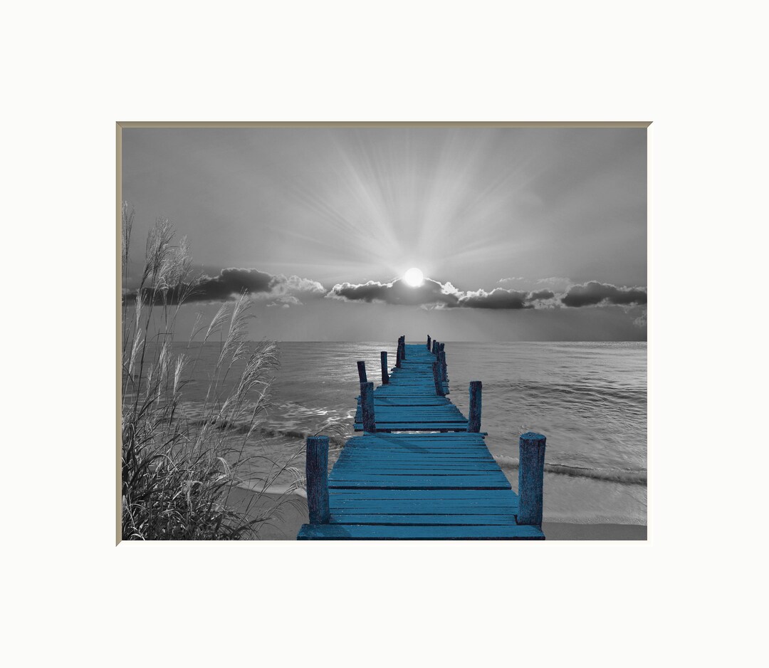 Black White Blue Wall Art Blue Beach Pier Coastal Ocean Etsy