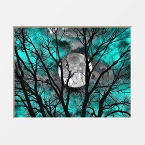 Teal Wall Art Picture, Tree Moon Decor, Teal Modern Bedroom Decor, Moon Art, Teal Home Decor Matted Picture