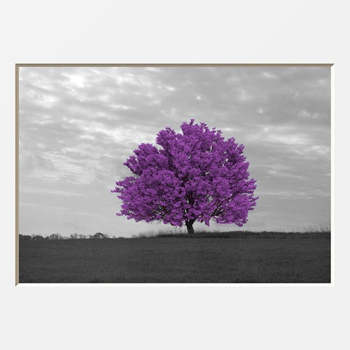 Black White Purple Wall Decor Tree Moon Art Bedroom Living Etsy