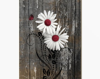 Red Brown Rustic Daisy Flowers Butterfly Photography Bedroom Bathroom Home Decor Wall Art Matted Picture