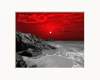 Black White Red Coastal Ocean Beach Bedroom, Bathroom Home Decor Wall Art Matted Wall Art Picture