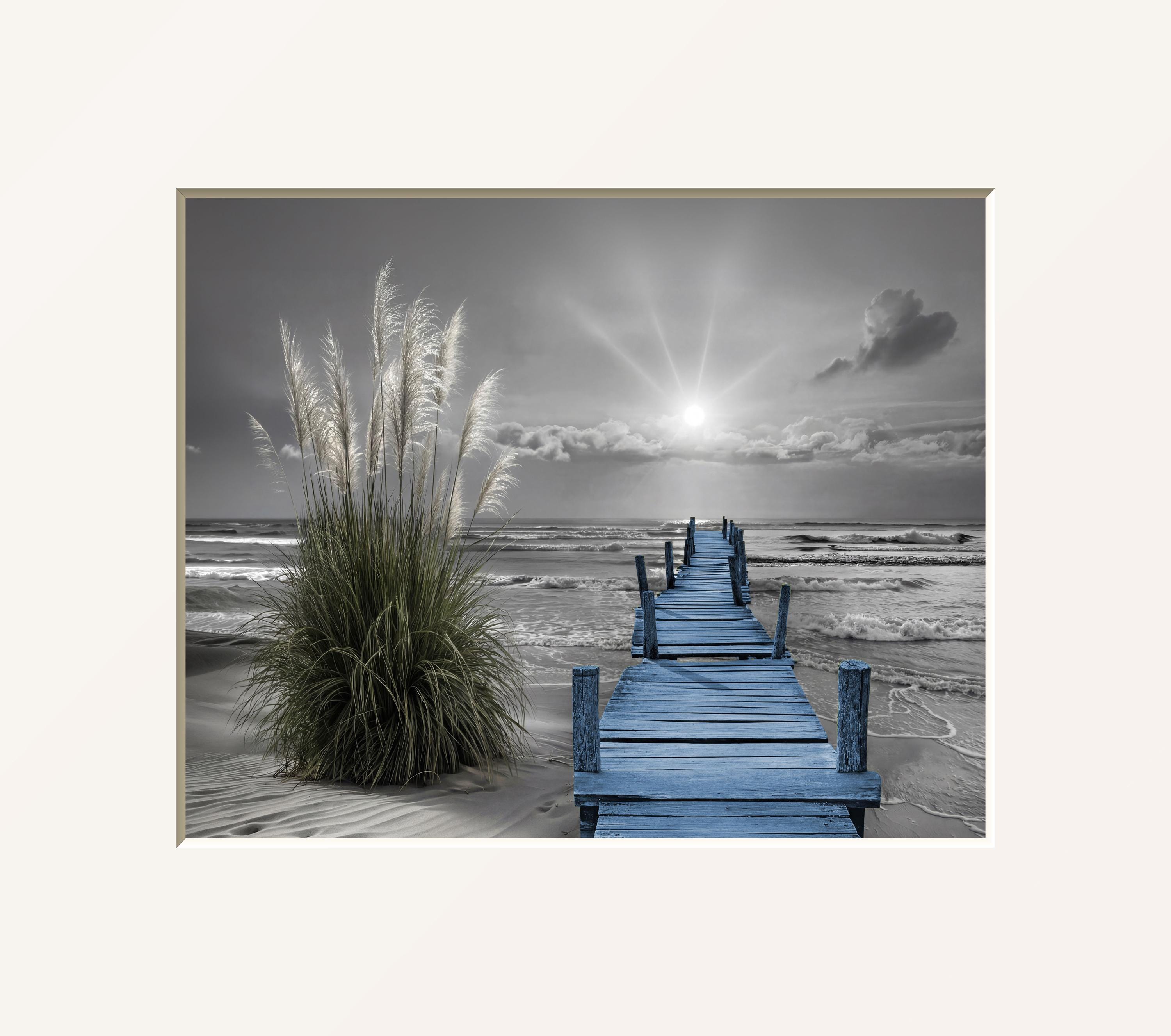Blue Pier Beach Matted Art Print, Black and White Blue Seascape