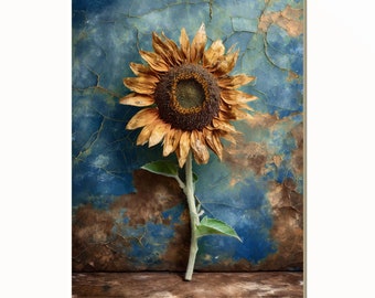 Rustic Modern Brown Blue Home Decor Modern Distressed Sunflower Matted Wall Art