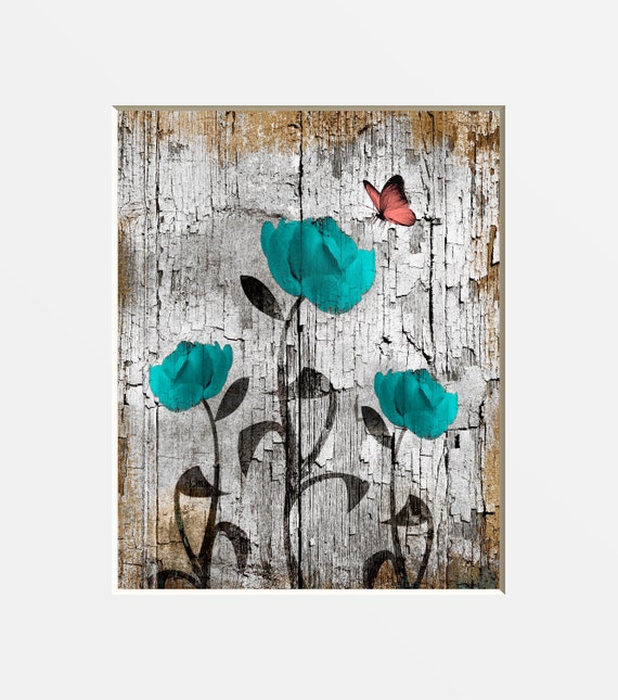 Teal Coral Farmhouse Decor Rose Flower Butterfly Country - Etsy