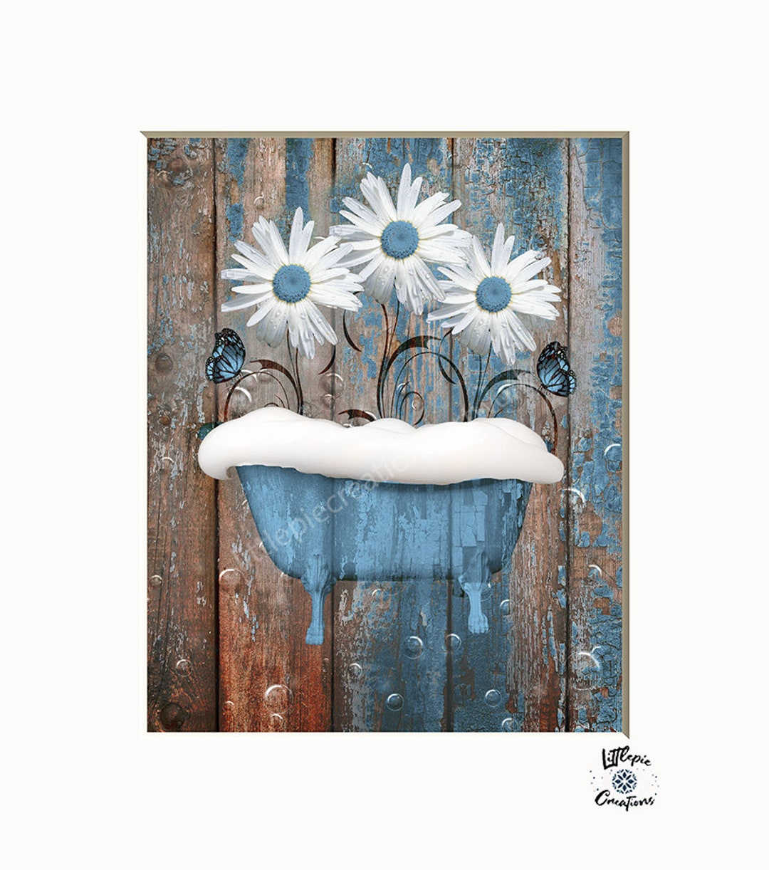 Blue Rustic Wall Art Daisy Tub Blue Country Farmhouse Decor Etsy