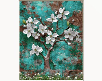 Teal Brown Rustic Home Decor Wall Pictures, Flowering Tree, Teal Wall Art Matted Prints, Teal Bathroom Bedroom Wall Art