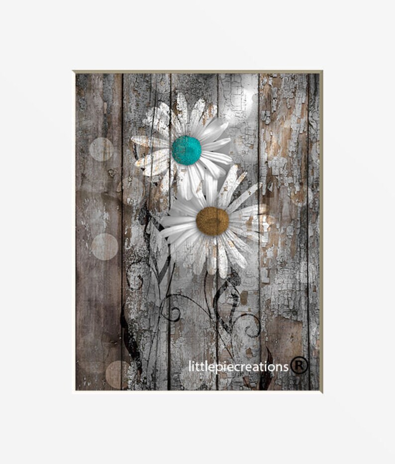 Teal Blue Rustic Wall Art Daisy Flowers Teal Home Decor Etsy
