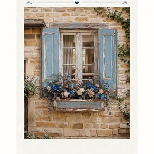 May include: A digital print featuring a stone wall with a window framed by distressed light blue wooden shutters and a matching window box filled with blue and white flowers. The text DIGITAL PRINT ONLY is centered at the top of the image.