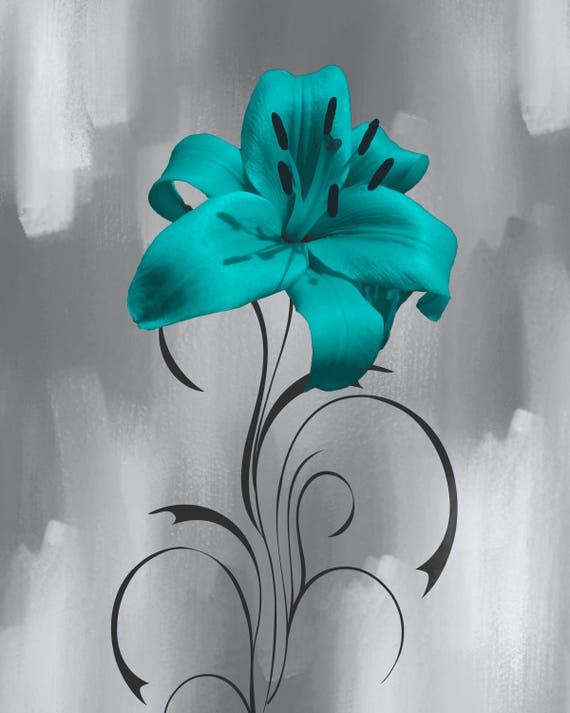 Teal Gray Modern Floral Home Decor Wall Art Bedroom Living Room Teal Wall Art Matted Picture