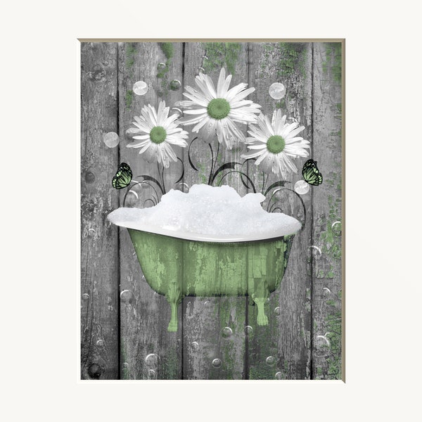 Green Gray Daisy Flower Vintage Tub Modern Rustic Bathroom Laundry Room Photography Home Decor Matted Artwork Picture