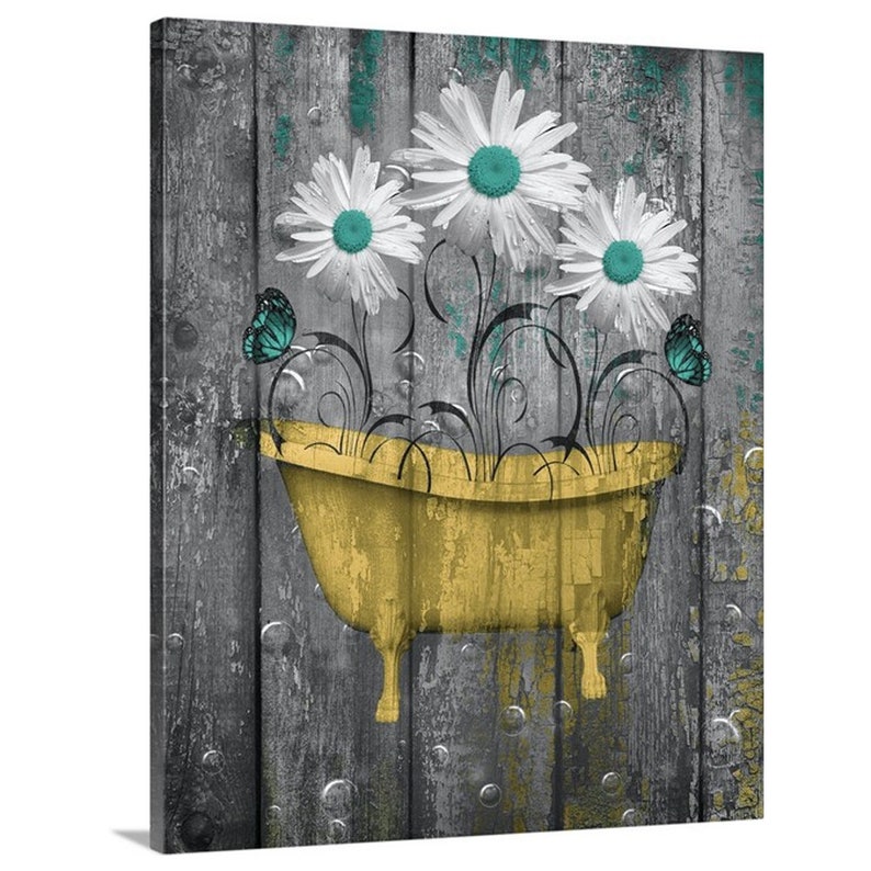Rustic Modern Farmhouse Bathroom Wall Art Teal Yellow Daisy Etsy