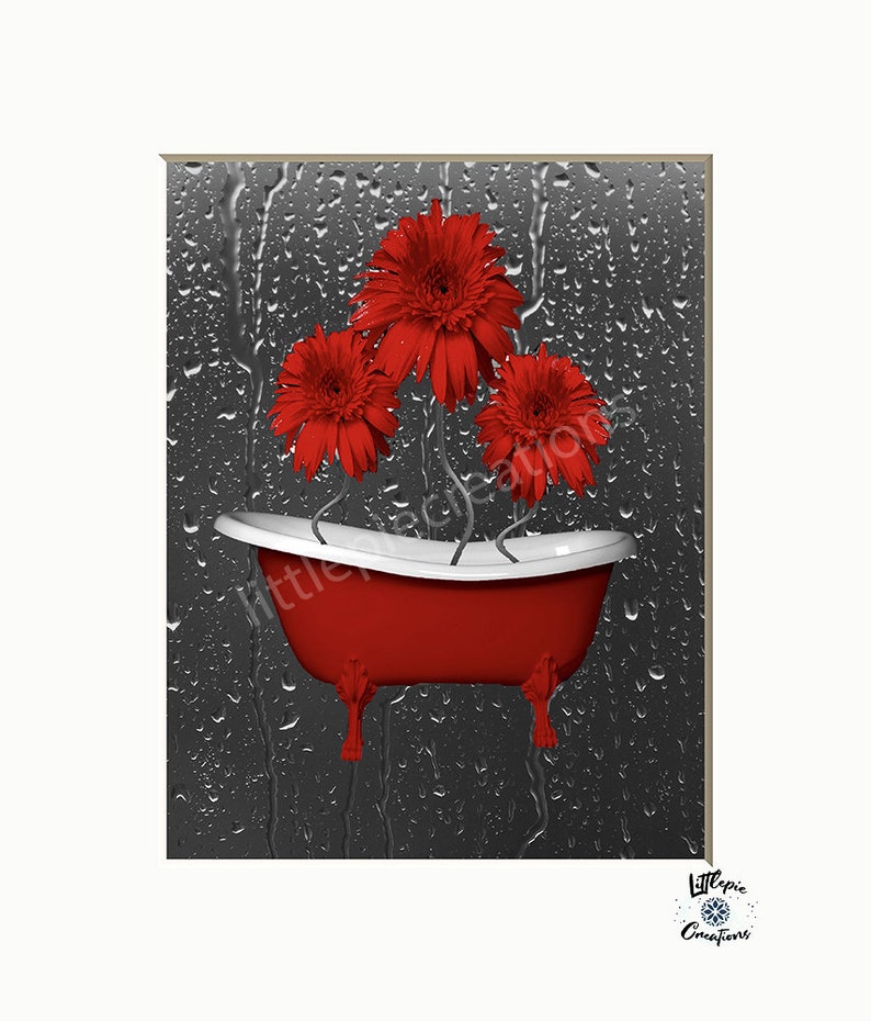 Black White Red Decor, Tree Moon Wall Art, Red Moon, Pop Of Red, Red Bed Room Wall Art Matted Picture Daisy Flowers Tub