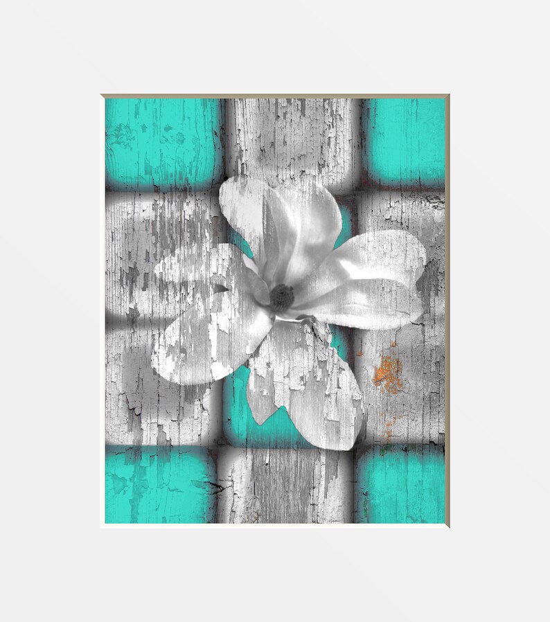 Rustic Turquoise Gray Wall Art Fl Decor Theme Home Matted Picture
