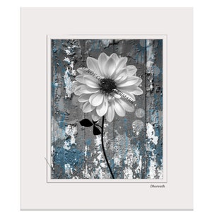 Rustic Blue Gray Floral Wall Art Home Decor, Bathroom Bedroom, Living Room Photography Home Decor Matted Picture