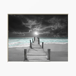 Coastal Pier Matted Picture: Black, White & Teal Ocean Art for Bedroom or Bathroom