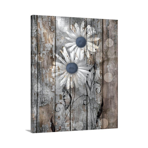 Blue Brown Rustic Daisy Flowers Photography Canvas Bedroom | Etsy