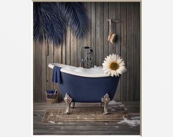 Blue Bathtub Art Print: Rustic Bathroom Wall Decor
