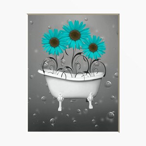 Black White Teal Wall Decor, Teal Flower Decor, Teal Gray Home Decor Wall Art Picture sunflower bubbles