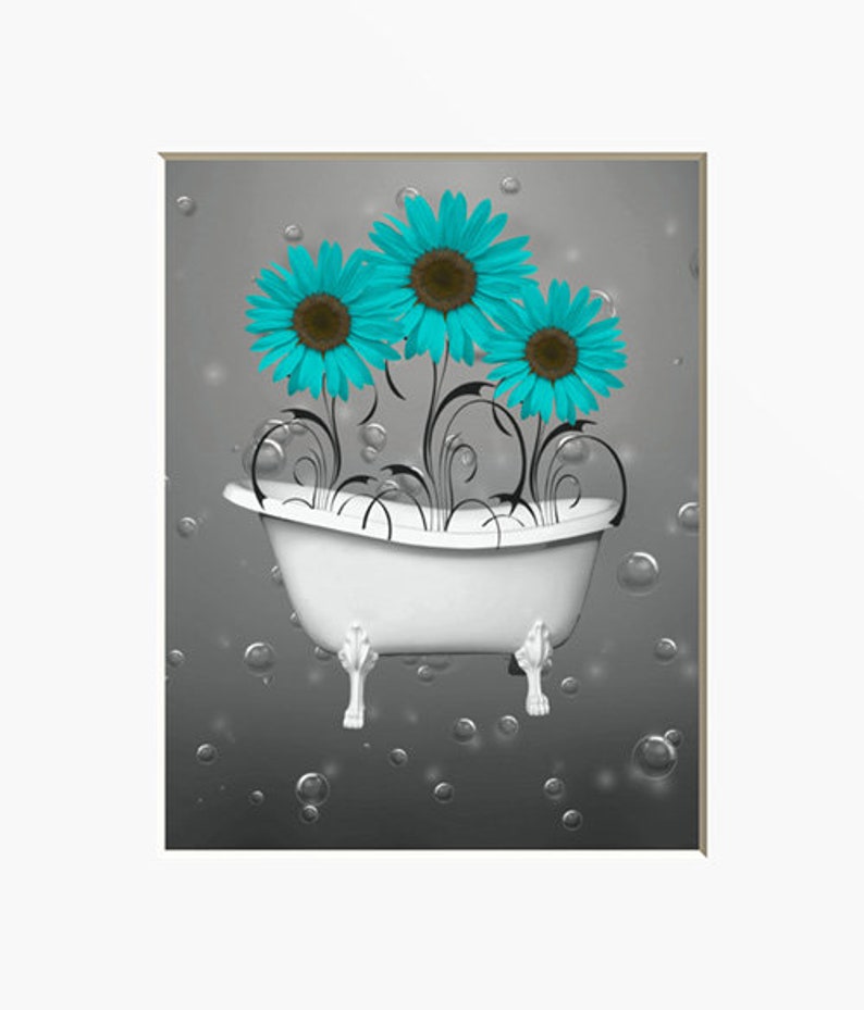 Black White Teal Wall Decor, Teal Flower Decor, Teal Gray Home Decor Wall Art Picture sunflower bubbles