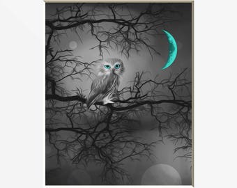 Teal Gray Wall Art Picture Bedroom Living Room Office Owl Moon Home Decor Photography Artwork (Options)