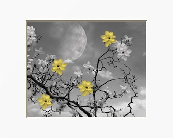 Yellow Gray Flowers On Tree Branch, Moon, Yellow Flowers, Yellow Bedroom, Living Room, Bath Wall Art Picture