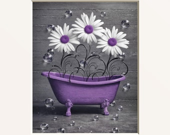Purple Gray Daisy Flower Art: Modern Matted Bathroom Wall Decor