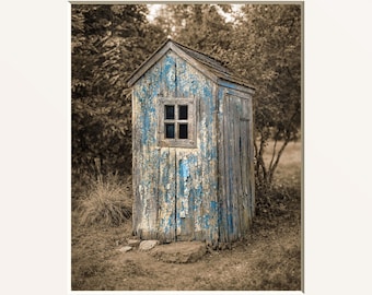 Rustic Blue Weathered Outhouse Print, Vintage Cottagecore Farmhouse Bathroom Matted Wall Art