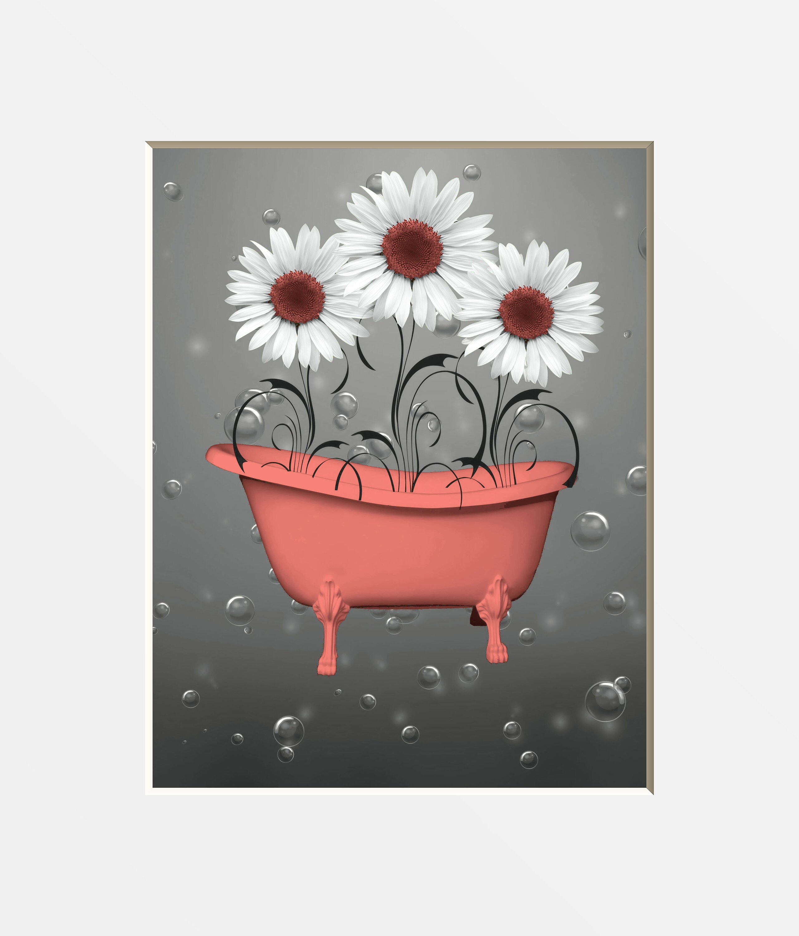Coral Gray Bathroom Wall Decor Sunflower Bubbles Wall Art Etsy