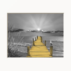 Black and Yellow Beach Pier Print: Matted Coastal Wall Art
