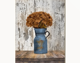 Brown Blue Rustic Home Decor Flowers in Vase Country Farmhouse Kitchen Matted Wall Art (Options)