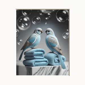 Blue Bird Bubbles Art Print: Matted Bathroom Wall Decor
