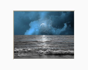 Blue Contemporary Modern Beach Coastal Ocean Moon Home Decor Wall Artr Matted Picture (Options)