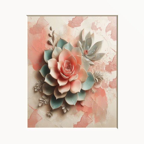 Coral Beige Peach Succulent Wall Art Print, Coral Decor,  Matted Art Print, Bathroom Bedroom Modern Wall Print