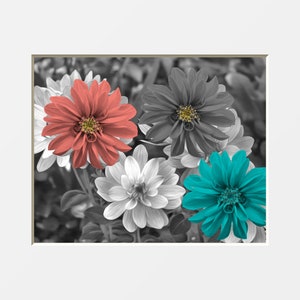 Teal Coral Floral Wall Decor, Bathroom, Bedroom, Powder Room Modern Home Decor Artwork Matted Picture