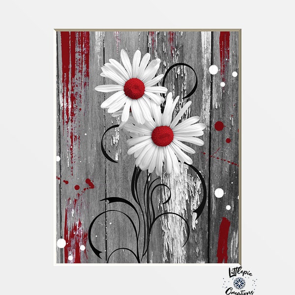 Red Wall Decor, Rustic, Daisy Flowers, Red Flowers, Red Wall Decor, Matted Home Decor Matted Wall Art Picture