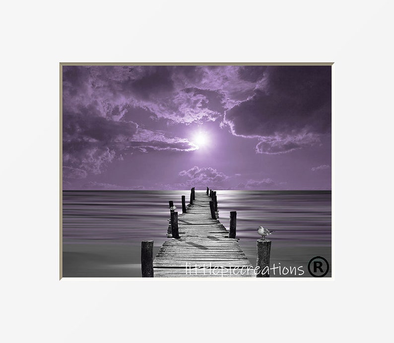 Black White Purple Print Tree Moon Contemporay Purple Gray Bedroom Wall Matted Picture