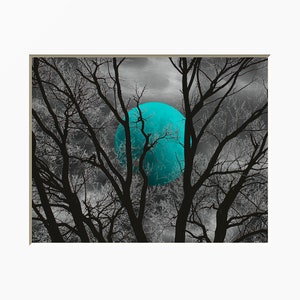 Black White Teal Wall Decor, Teal Flower Decor, Teal Gray Home Decor Wall Art Picture tree moon