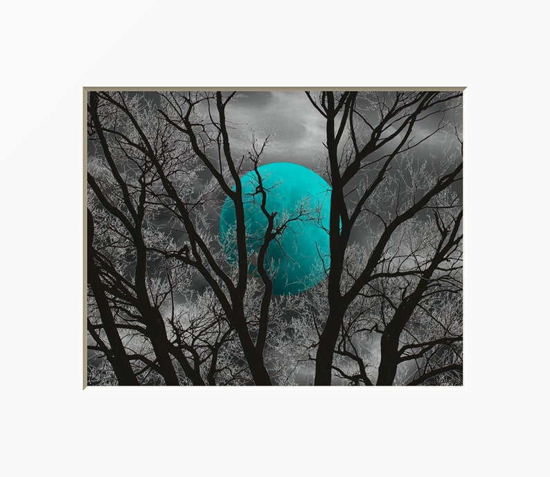 Black White Teal Wall Decor, Teal Flower Decor, Teal Gray Home Decor Wall Art Picture tree moon