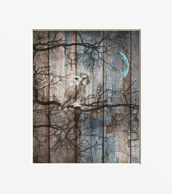 Rustic Modern Decor Owl On Tree Branch Moon Decor Bedroom Living Room Rustic Owl Wall Art Matted Picture