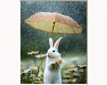 Bathroom Wall Art, Funny Wall Art, Rabbit rain daisy flowers, Yellow Matted Wall Art Print